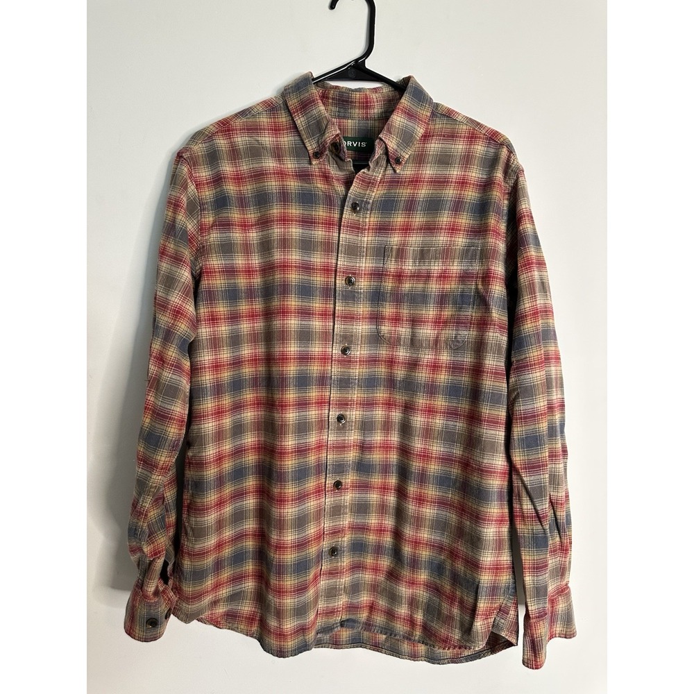 Orvis Classic Fit Plaid Long Sleeve Button Up Shirt Mens Medium Red Blue